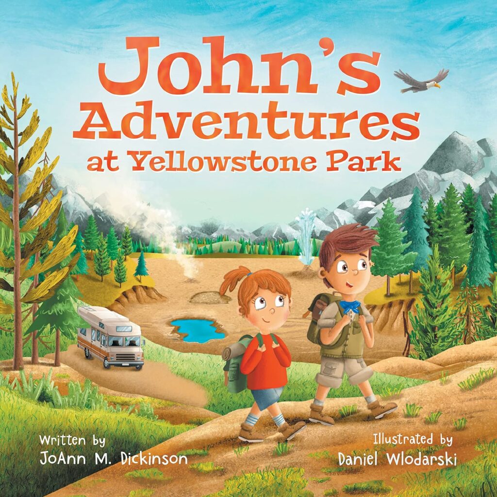 John's Adventures at Yellowstone Park": Alt text: "Illustrated children's book 'John's Adventures at Yellowstone Park,' depicting kids exploring the park, a delightful story to spark curiosity among the young Yellowstone Books audience.