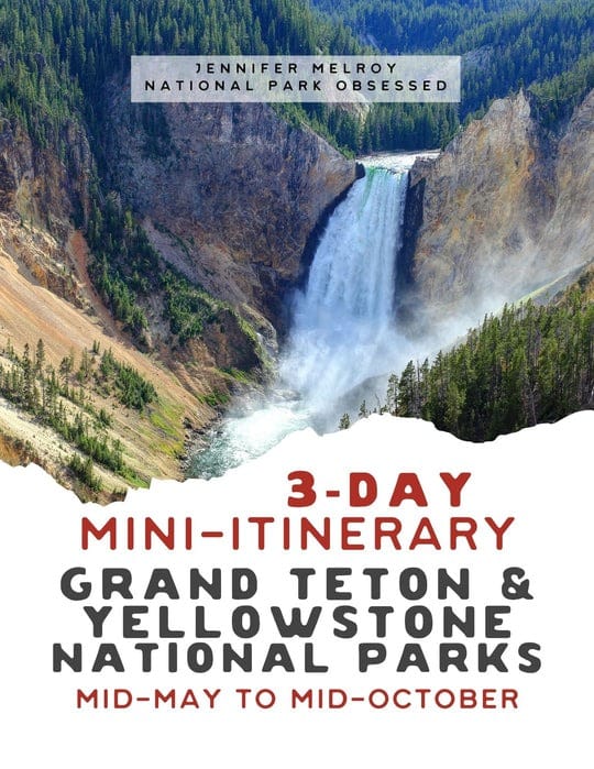 Cover of '3-Day Mini-Itinerary Grand Teton & Yellowstone National Parks' by Jennifer Melroy, displaying the magnificent Lower Falls, a helpful resource for planning trips within Yellowstone Books offerings.