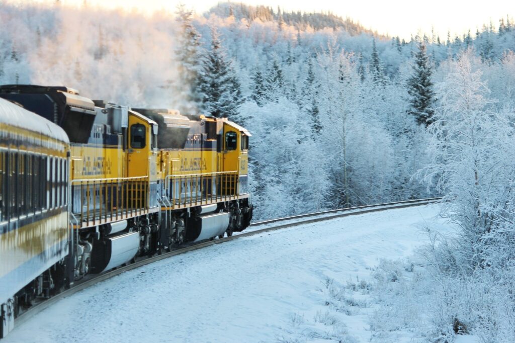 The Alaska Railroad train on the tracks