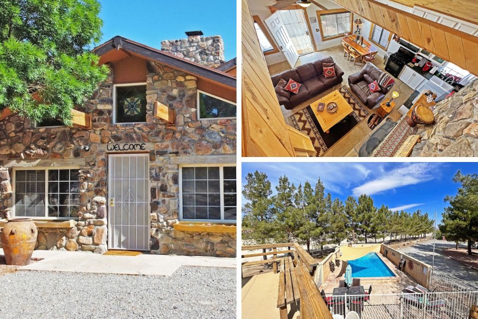 Collage of a Death Valley vacation rental: Top left shows the exterior with stone walls and a 'Welcome' sign, bottom right features an outdoor pool surrounded by a wooden deck and desert landscape, and top right displays a cozy interior with leather furniture and a cabin-style decor.