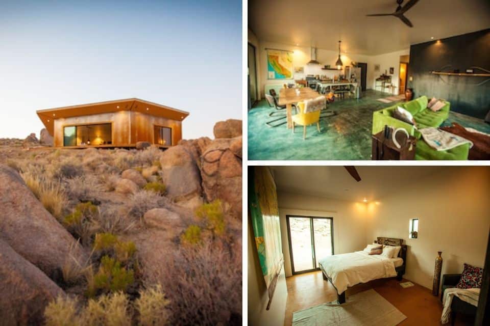 Contemporary desert house nestled among rugged boulders at twilight, its warm interior lighting contrasting with the natural surroundings. Inside, an eclectic and colorful living space with an open-plan design, featuring unique artwork and comfortable furnishings. A minimalist bedroom with ample natural light, a simple bed setup, and tasteful accents provides a serene resting place.
