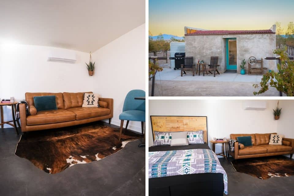Elegantly simple desert retreat featuring an interior with a sleek tan leather sofa, a cowhide rug, and a vibrant teal armchair, a cozy bedroom with an intricate patterned quilt, and an inviting outdoor patio with rustic wooden furniture and a barbecue grill, all against the backdrop of a serene desert landscape at dusk.