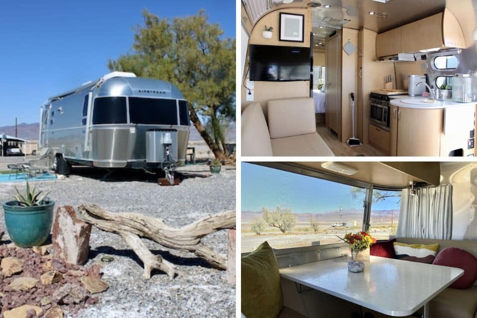 A series of images featuring an Airstream trailer rental in a desert setting, with a detailed interior showing a comfortable living area and a well-equipped kitchen, alongside a dining area with a view of the arid landscape outside.