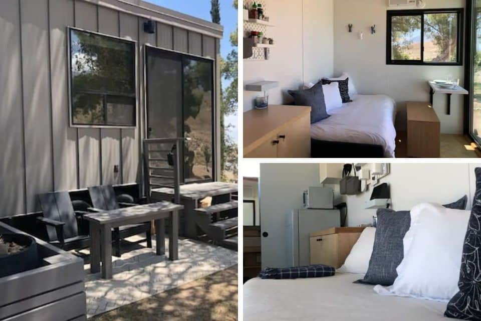 A montage showing the amenities of a modern vacation rental, including an outdoor seating area with a fire pit, a minimalist bedroom with a comfortable bed and nature view, and a compact kitchenette with essential appliances.