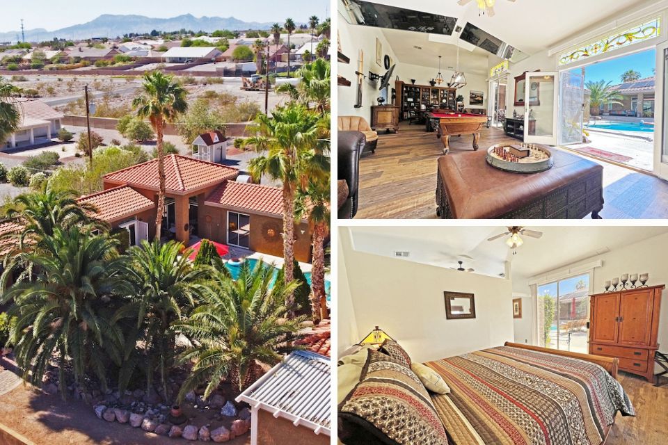 Aerial view of a desert home with a red-tiled roof and a vibrant blue pool surrounded by palm trees; inside, a spacious living room with a billiards table and eclectic decor; and a cozy bedroom with a large bed covered in a colorful quilt, all showcasing a luxurious stay in a desert vacation rental.
