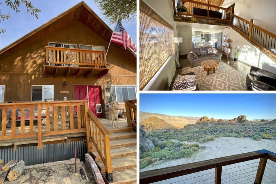A rustic wooden cabin with an American flag and welcoming red door; a dog stands on the porch. Inside, a loft-style living area with comfortable seating and a wood coffee table. The view from the balcony reveals a stunning desert landscape with rugged hills and sparse vegetation, indicative of a secluded retreat in a natural setting.