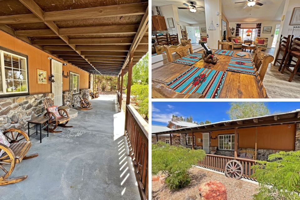 Charming vacation rental displaying a shaded porch with wooden rocking chairs and stone accents, a dining room with a large wooden table adorned with a vibrant Southwestern-style runner and a cozy atmosphere, and an exterior view showcasing the rustic facade with large windows and wagon wheel decor nestled among lush greenery
