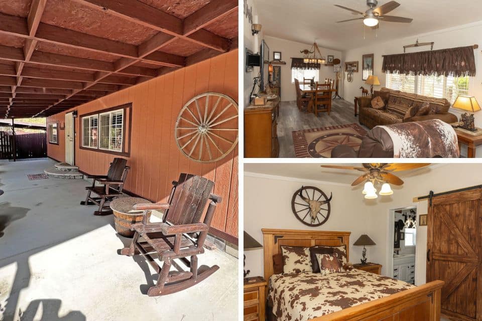 Western-themed vacation rental captures the spirit of the desert with its covered porch adorned with wagon wheels and wooden rocking chairs, an inviting living room with cowboy-inspired decor and a warm, rustic ambiance, and a bedroom featuring a bed with cowhide-patterned linens, antler decor, and a traditional barn door, creating an authentic ranch experience.