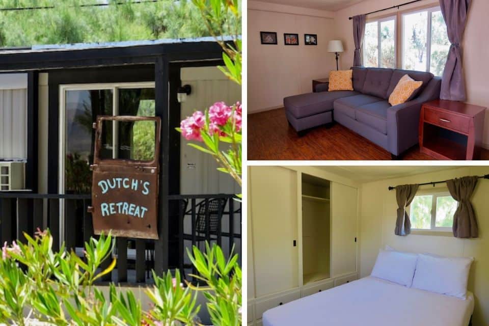 Collage of a vacation rental called 'Dutch's Retreat,' featuring its exterior with a rustic sign, a cozy living room with a sectional sofa and wooden furniture, and a bedroom with a white bedspread and built-in closet.