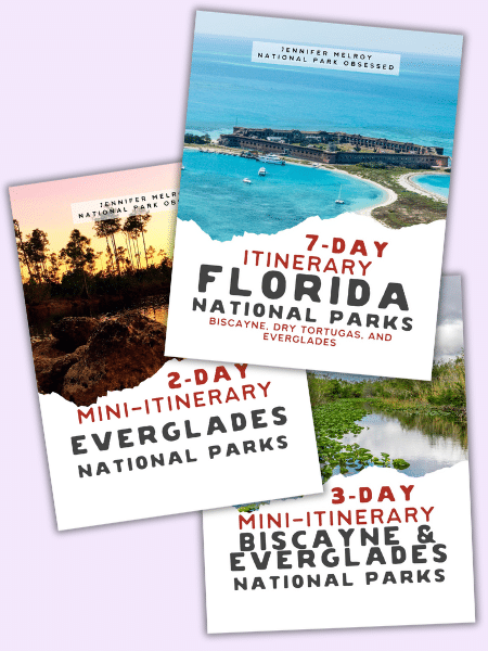 Three mini-itinerary book covers for Florida National Parks by Jennifer Melroy. The covers showcase scenic views of Biscayne, Dry Tortugas, and Everglades National Parks. The titles are '7-Day Itinerary: Florida National Parks,' '2-Day Mini-Itinerary: Everglades National Parks,' and '3-Day Mini-Itinerary: Biscayne & Everglades National Parks.