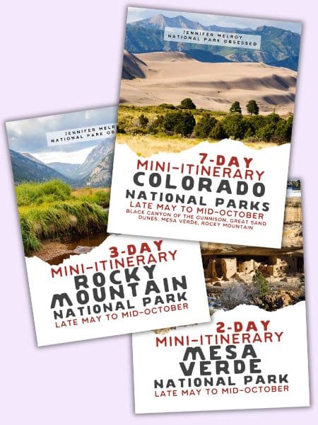 Three mini-itinerary book covers for Colorado National Parks by Jennifer Melroy. The covers feature landscapes of Black Canyon of the Gunnison, Great Sand Dunes, Mesa Verde, and Rocky Mountain National Parks. The titles are '7-Day Mini-Itinerary: Colorado National Parks,' '3-Day Mini-Itinerary: Rocky Mountain National Park,' and '2-Day Mini-Itinerary: Mesa Verde National Park,' all specifying 'Late May to Mid-October.