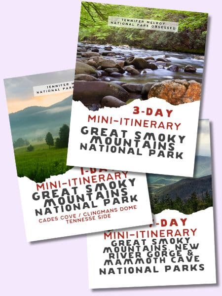 Three overlapping travel itinerary covers for the Great Smoky Mountains National Park by Jennifer Melroy. The top cover features a rocky stream and reads '3-Day Mini-Itinerary Great Smoky Mountains National Park.' The middle cover shows a foggy mountain landscape and reads 'Mini-Itinerary Great Smoky Mountains National Park Cades Cove / Clingmans Dome Tennessee Side.' The bottom cover includes a scenic view of a valley and reads '3-Day Mini-Itinerary Great Smoky Mountains, New River Gorge, & Mammoth Cave National Parks.'