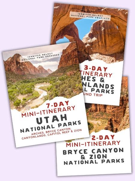 Three mini-itinerary book covers for Utah National Parks by Jennifer Melroy. The covers feature scenic landscapes of Arches, Bryce Canyon, and Zion National Parks. The titles are '7-Day Mini-Itinerary: Utah National Parks,' '3-Day Itinerary: Arches & Canyonlands National Parks,' and '2-Day Mini-Itinerary: Bryce Canyon & Zion National Parks.