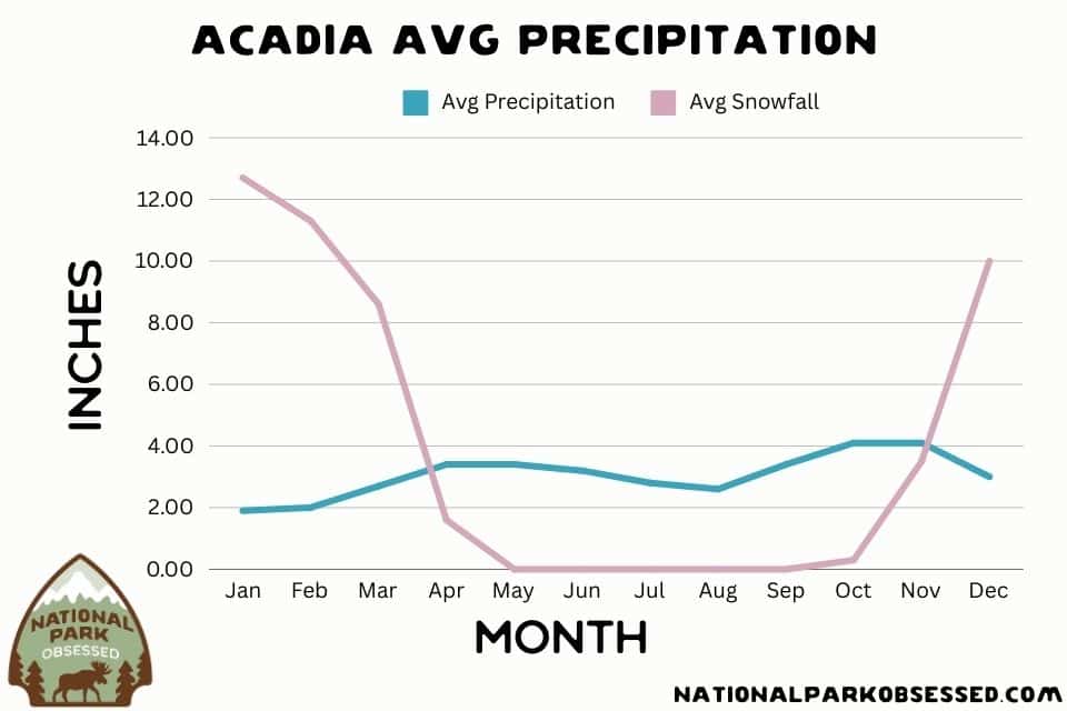 Informative graph showing average precipitation and snowfall in Acadia National Park by month. The graph uses a blue line to represent average precipitation in inches, which remains relatively low throughout the year with slight increases in spring and fall. A pink line shows average snowfall, which peaks sharply in February. This visual helps plan visits according to expected weather conditions. Logo of NationalParkObsessed.com is featured at the bottom.