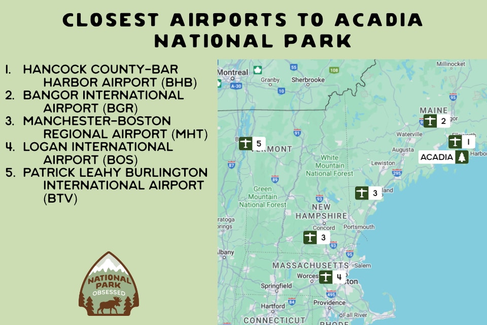 Map showing the closest airports to Acadia National Park, Maine. Labeled on the map are Hancock County-Bar Harbor Airport (BHB), Bangor International Airport (BGR), and numbers indicating their locations. The map is color-coded to highlight regions and includes a decorative logo of National Park Obsessed at the bottom left corner. This informative map is designed to assist visitors in planning their travel to the park.