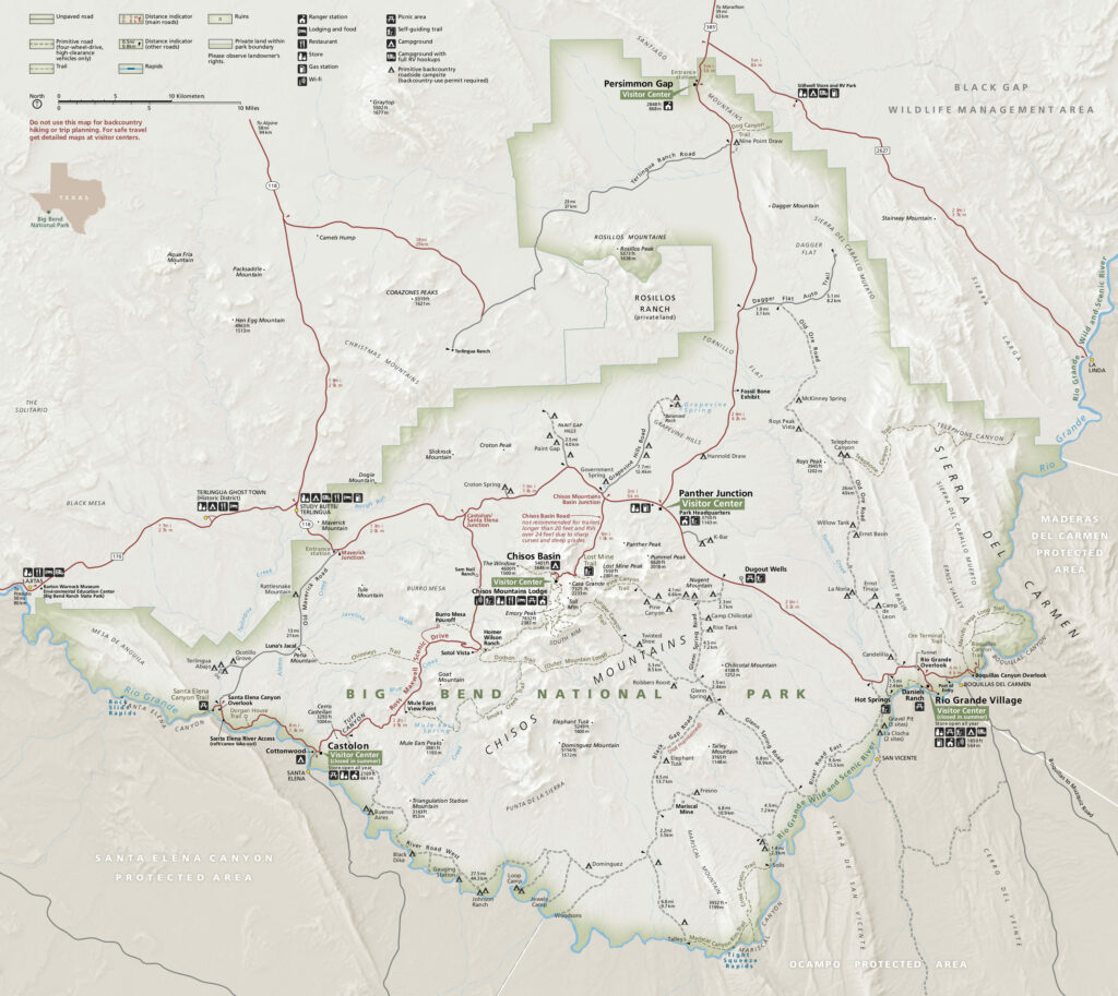 A detailed map of Big Bend National Park, including the Chisos Basin, Rio Grande Village, and various trails and campgrounds. The map highlights surrounding features like the Chihuahuan Desert and nearby mountain ranges.