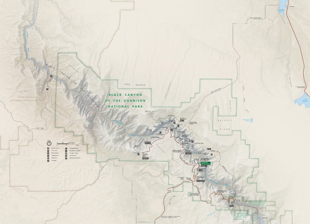 This map illustrates Black Canyon of the Gunnison National Park, highlighting the steep canyon walls, visitor centers, trails, and significant viewpoints along the park's boundary.