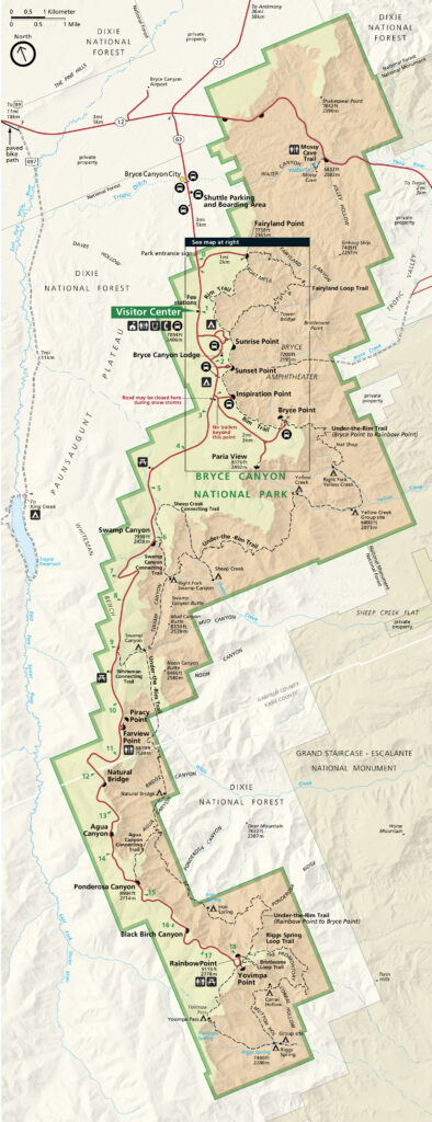 A map of Bryce Canyon National Park depicting key points such as Sunrise Point, Sunset Point, and various trails. The map includes the surrounding Dixie National Forest and Grand Staircase-Escalante National Monument.