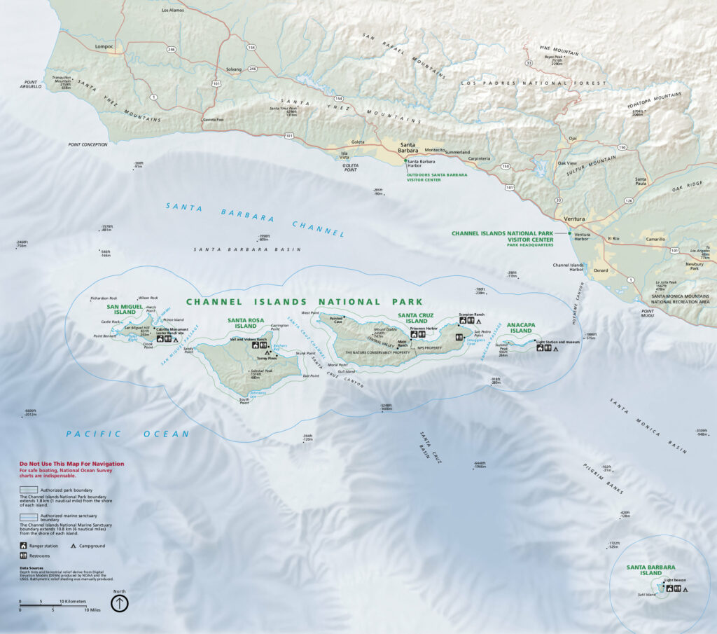 A detailed map of Channel Islands National Park, showcasing the islands of San Miguel, Santa Rosa, Santa Cruz, Anacapa, and Santa Barbara, along with the surrounding Santa Barbara Channel and mainland coast. The map includes park boundaries, visitor centers, trails, and significant geographic features.