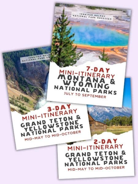 Collage of three travel itineraries for Montana and Wyoming National Parks. The top image shows a '7-day Mini-Itinerary for Montana & Wyoming National Parks from July to September' with a background of colorful geothermal springs. The middle image features a '3-day Mini-Itinerary for Grand Teton and Yellowstone National Parks from mid-May to mid-October' set against a view of mountainous terrain. The bottom image presents a '2-day Mini-Itinerary for Grand Teton and Yellowstone National Parks from mid-May to mid-October' with a scenic backdrop of the Teton range.