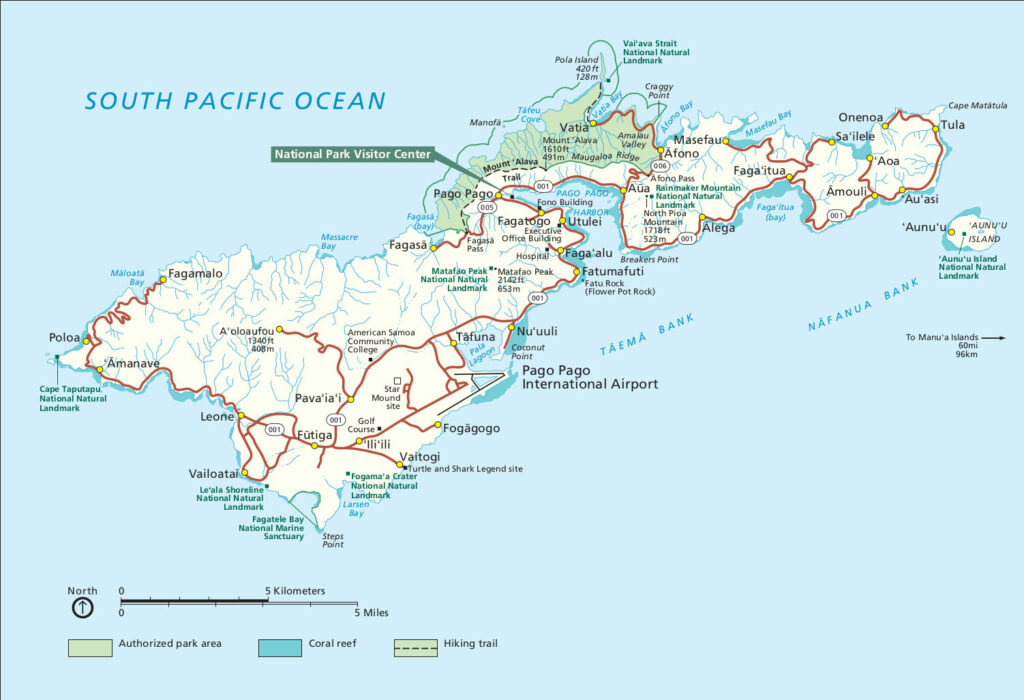 A map of the National Park of American Samoa highlighting key areas like Pago Pago, various hiking trails, and coral reef zones. The map includes major roads, landmarks, and the park visitor center.