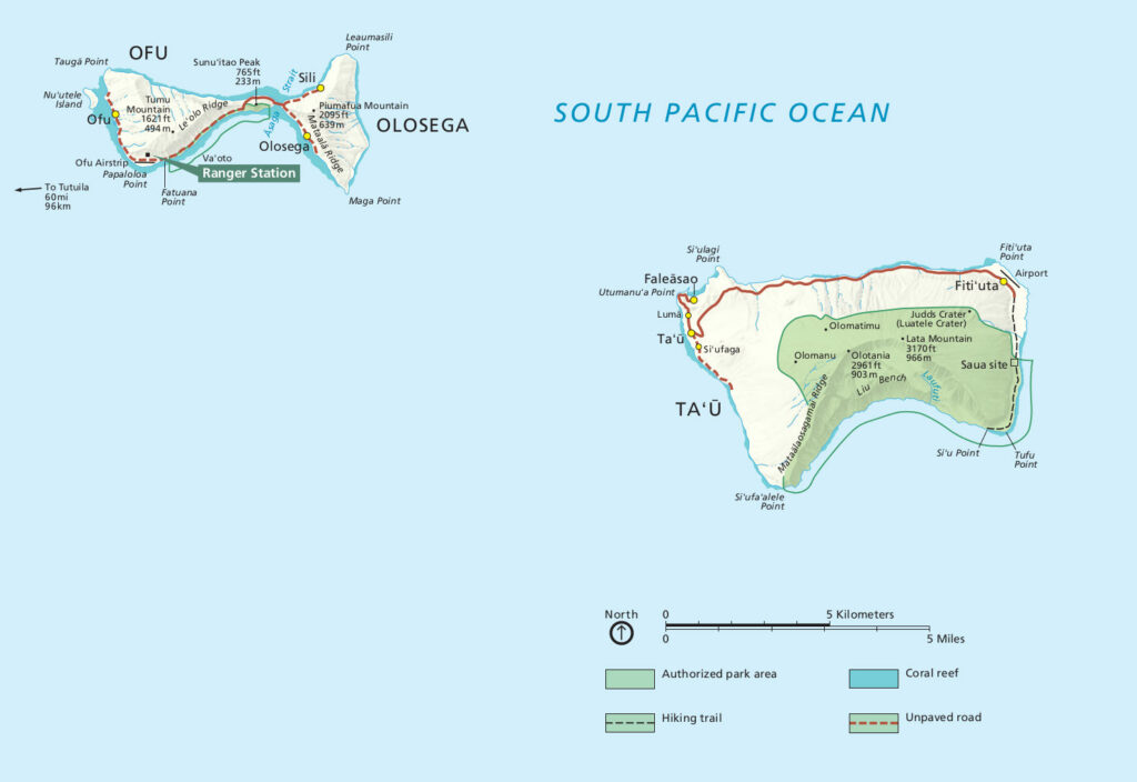 A map detailing the islands of Ofu, Olosega, and Ta‘ū in the National Park of American Samoa. It highlights hiking trails, key peaks like Tumu Mountain and Lata Mountain, and points of interest such as the Ranger Station on Ofu and the airport on Ta‘ū. The map also includes coral reefs and significant geographic features.