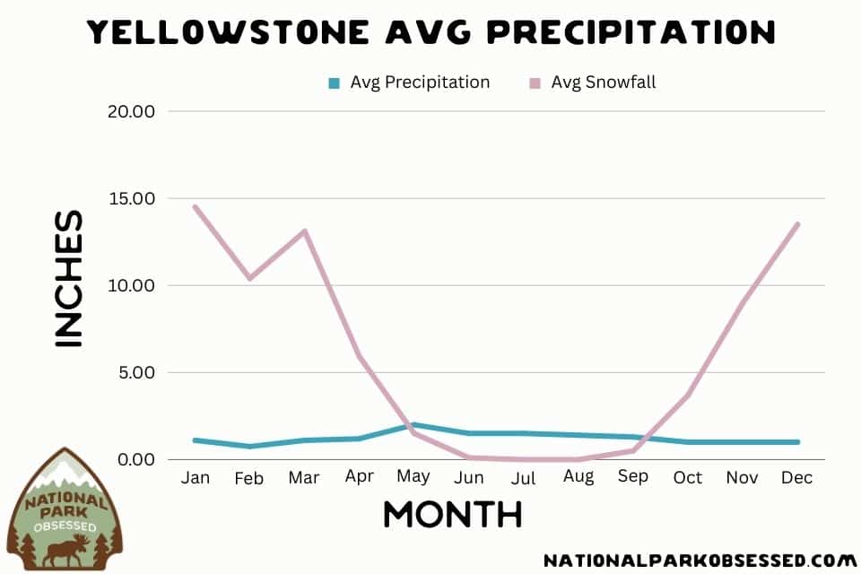 Line graph showing the average precipitation and snowfall in Yellowstone National Park. The light blue line depicts average precipitation, remaining relatively low throughout the year, while the pink line indicates average snowfall, with a significant peak in the winter months.