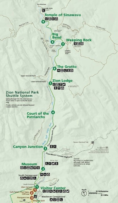 Map of the Zion Shuttle Route