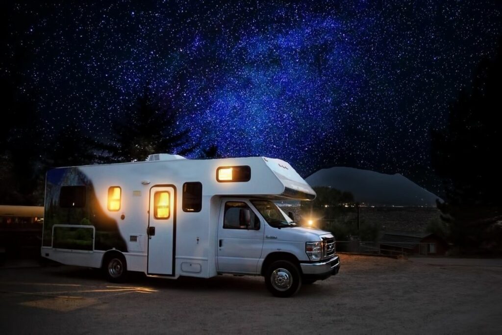 A rental RV under the stars.