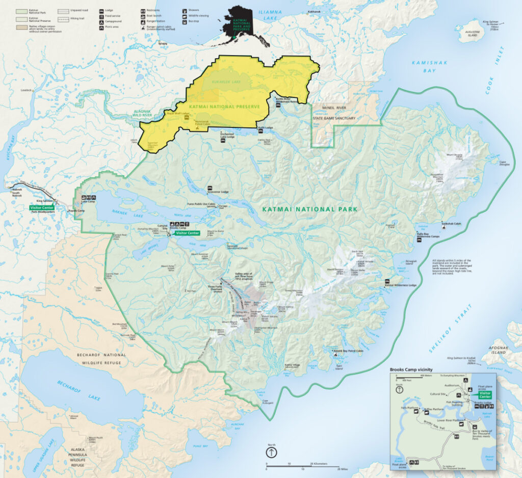 Map of Katmai National Park with the Preserve section marked in Yellow