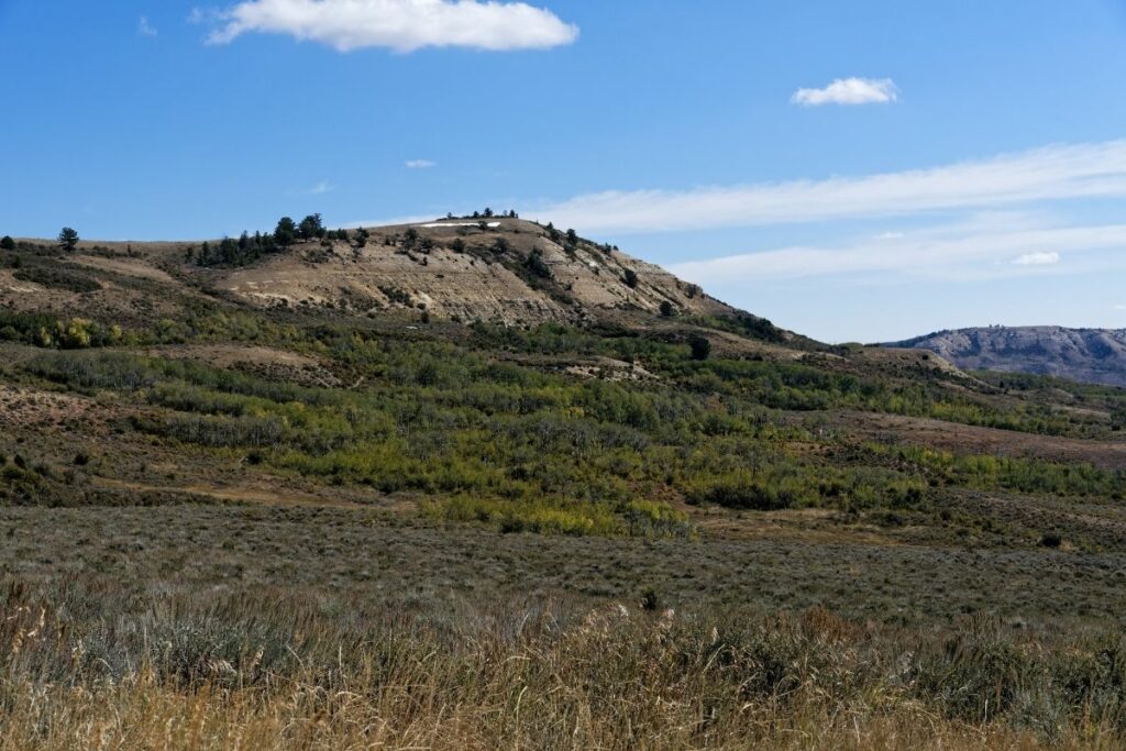 A small butte standing over a brushy valley 