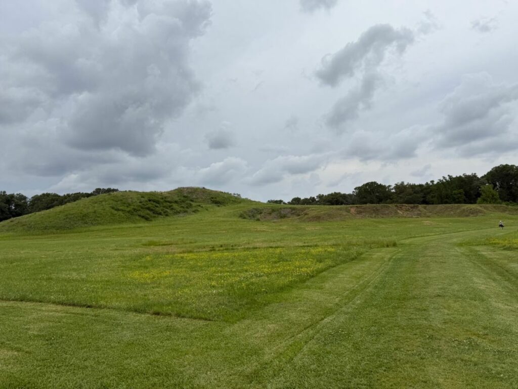 A large, grassy earthen mound rises from a wide open field under an overcast sky with thick, gray clouds. A narrow mowed path leads toward the mound, with scattered yellow wildflowers in the grass.
