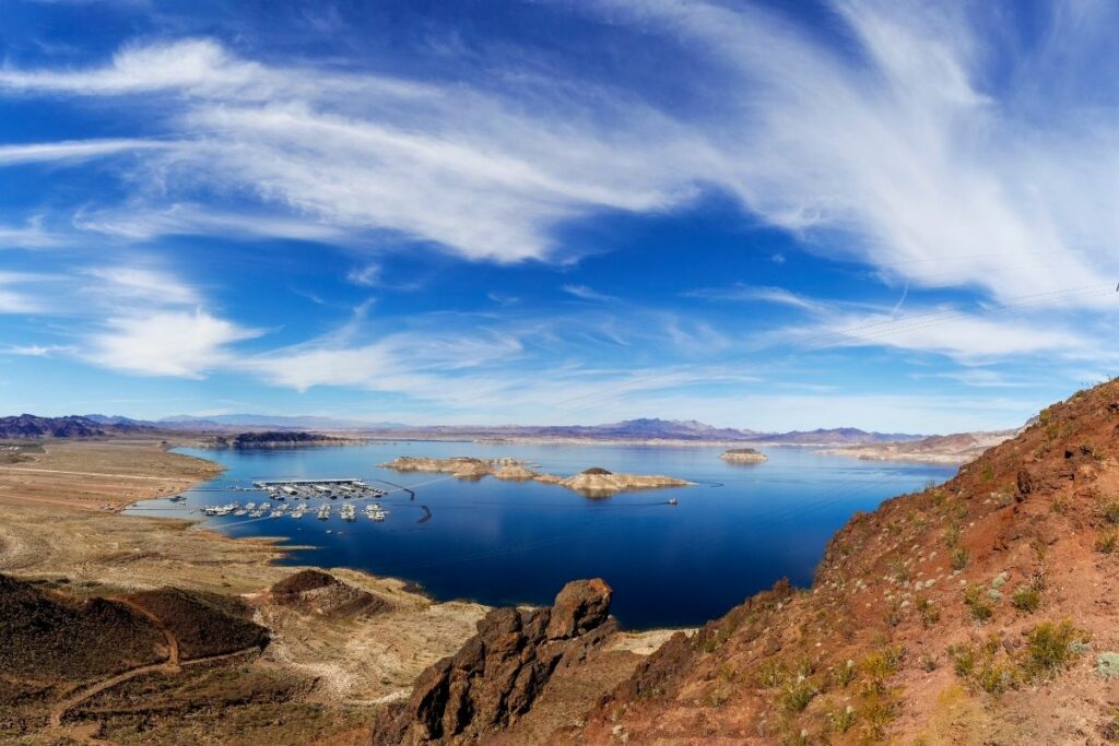 A sweeping view of a marina on Lake Mead.
