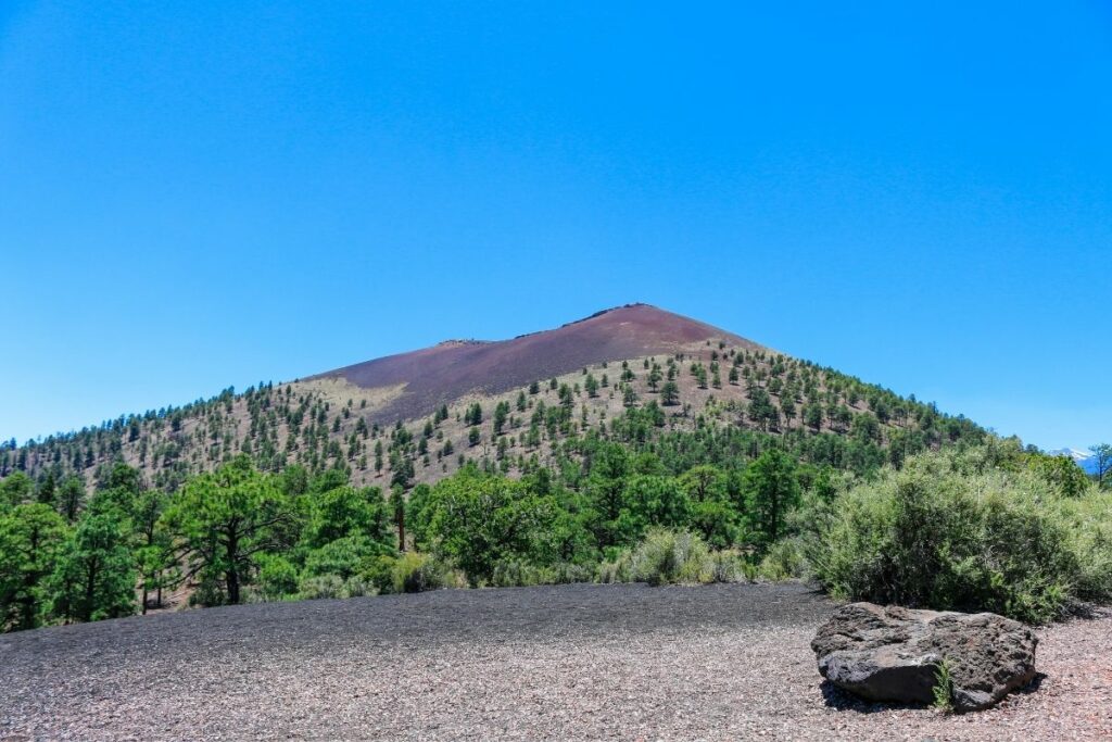 A cone volcano with sparse trees on it.
