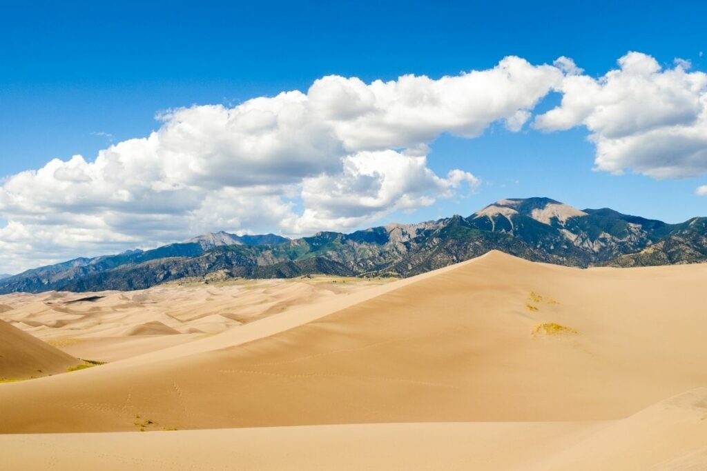 A golden-yellow sand dunes with mountains in the background. 