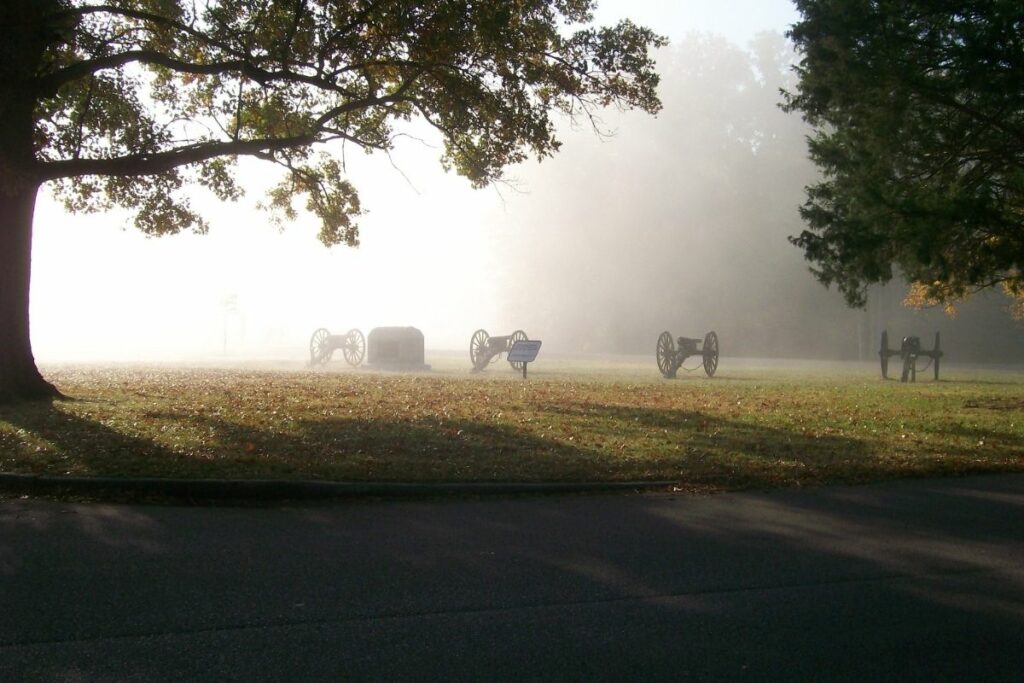 4 Civil war cannons on a misty morning