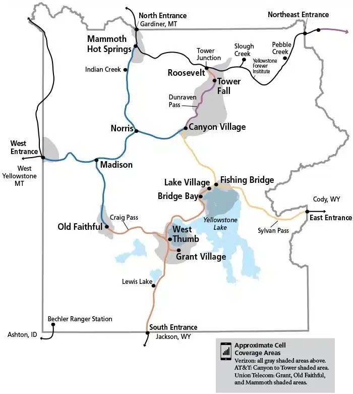 Yellowstone Map with cell coverage marked