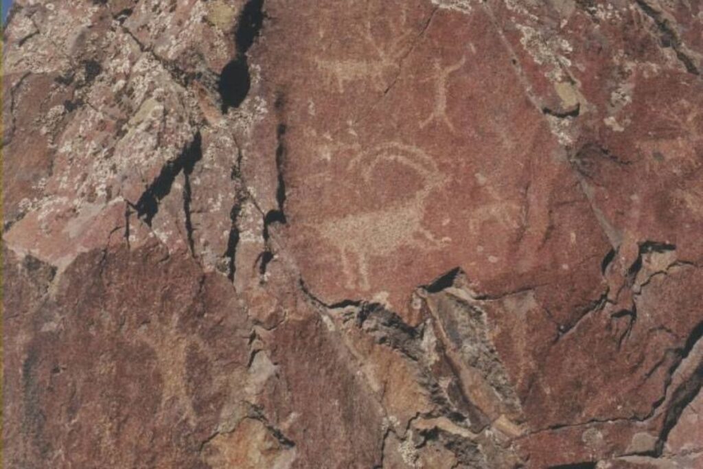 petroglyphs of a goat and humans located on the side of a cliff.