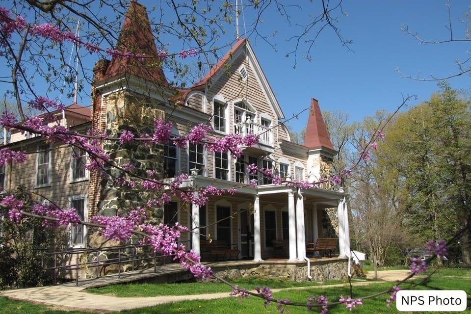 A Victorian-style house with intricate woodwork, a prominent tower with a conical roof, and a spacious porch. The house is adorned with flowering purple wisteria, adding a splash of color to the serene setting, under a clear blue sky.