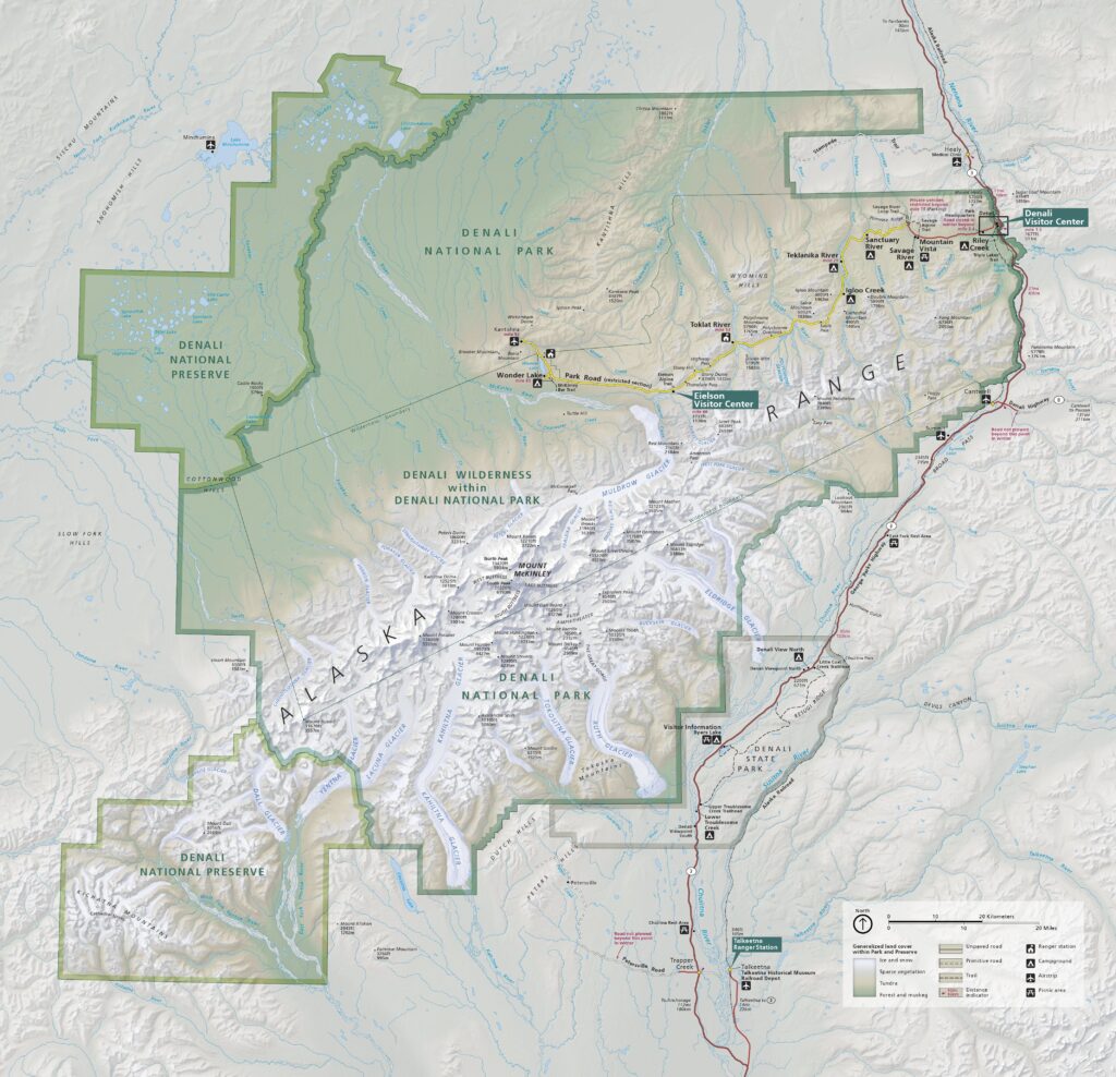 Map of Denali National Park and Preserve in Alaska, highlighting park boundaries, roads, visitor centers, and the rugged terrain of the Alaska Range. Notable features include Denali Wilderness area, Park Road, and locations such as Wonder Lake and Eielson Visitor Center.