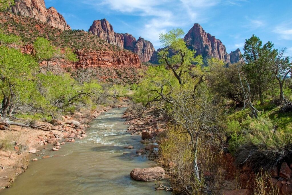 A muddy river with a rocky shoreline with tall red rock formations in the background