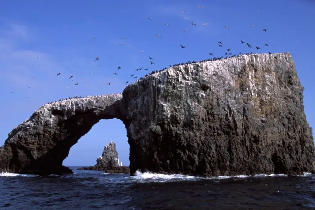 Some birds fly over a large stone arch