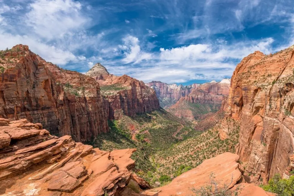 Looking down into a red canyon