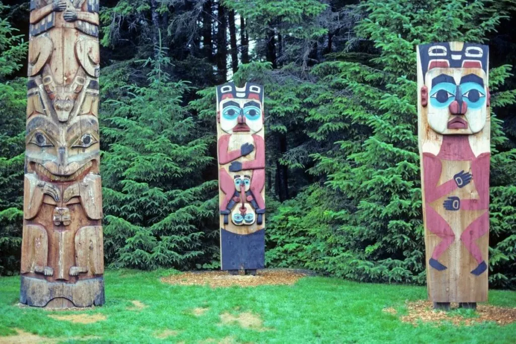 2 painted totem poles