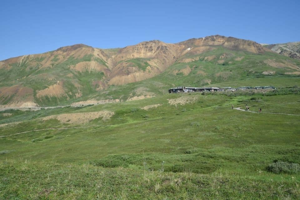 A view of an old bus and tourists on a distant trail, set against the backdrop of green rolling hills under a blue sky in Denali National Park.