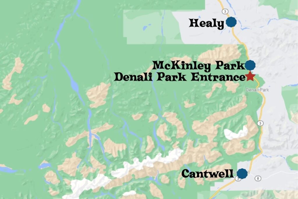 Denali National Park Map with Park Entrance and Denali Gateway Citites.