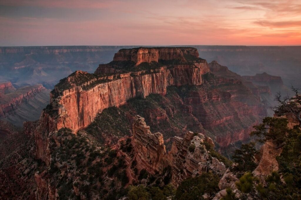 Sunset over a ridge in the Grand Canyon.