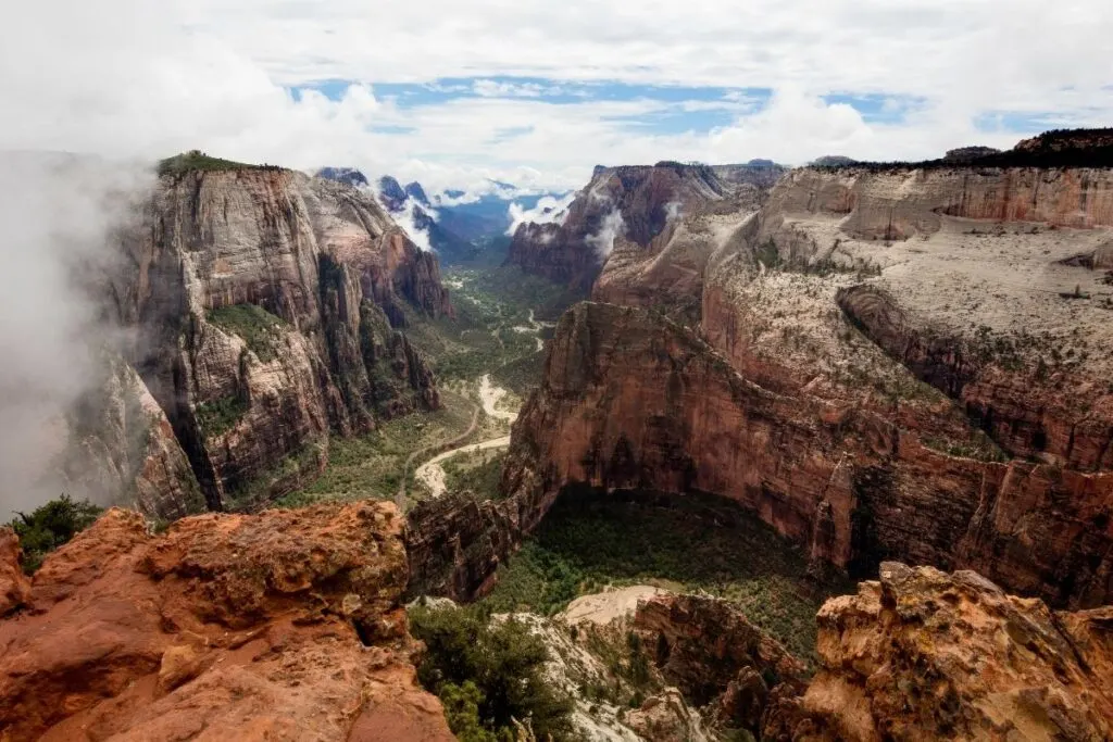 A scenic view of Angels Landing and Zion Canyon from Observation Point.