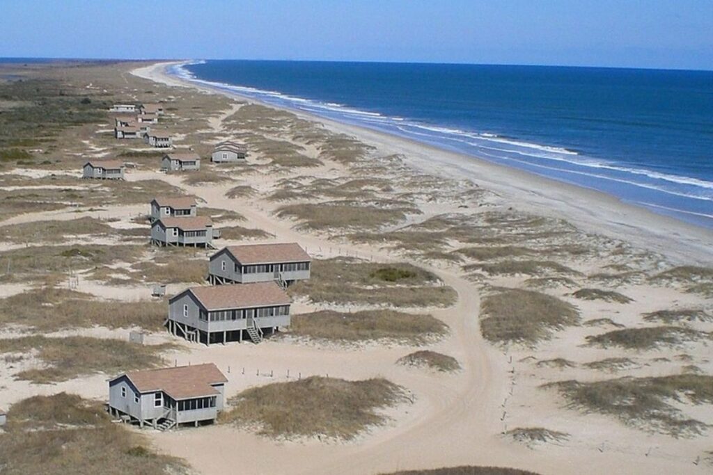 Aerial view of rental cabins in Cape Lookout National Seashore
