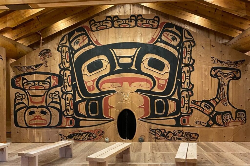 The wood panel of the Huna Tribal House with Tlingit design